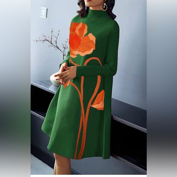 STYLEWE Green A-line Mock Neck Long Sleeve Dress - Picture 1 of 4